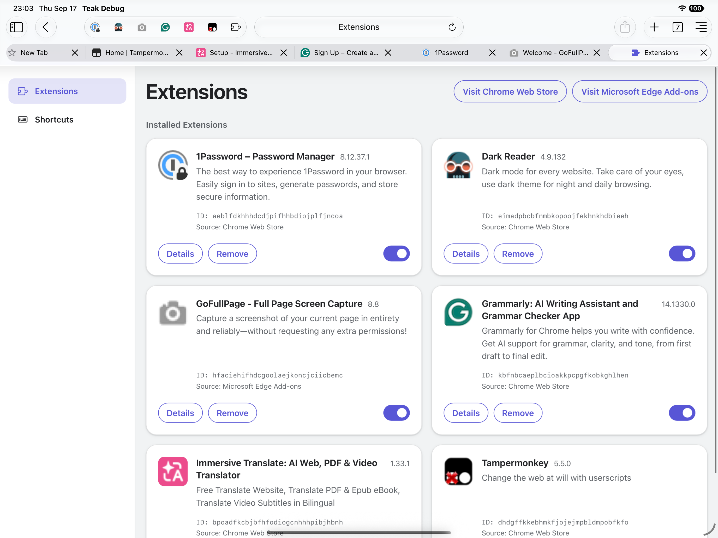 The chrome://extensions management page in Teak Browser on iPad