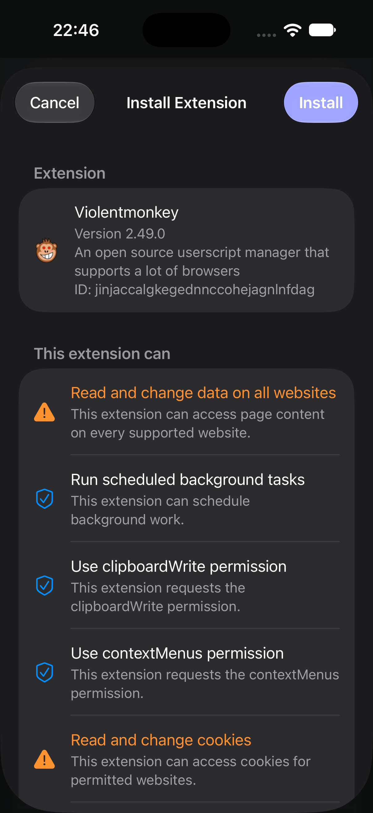 Permission review screen for a Chrome extension in Teak Browser