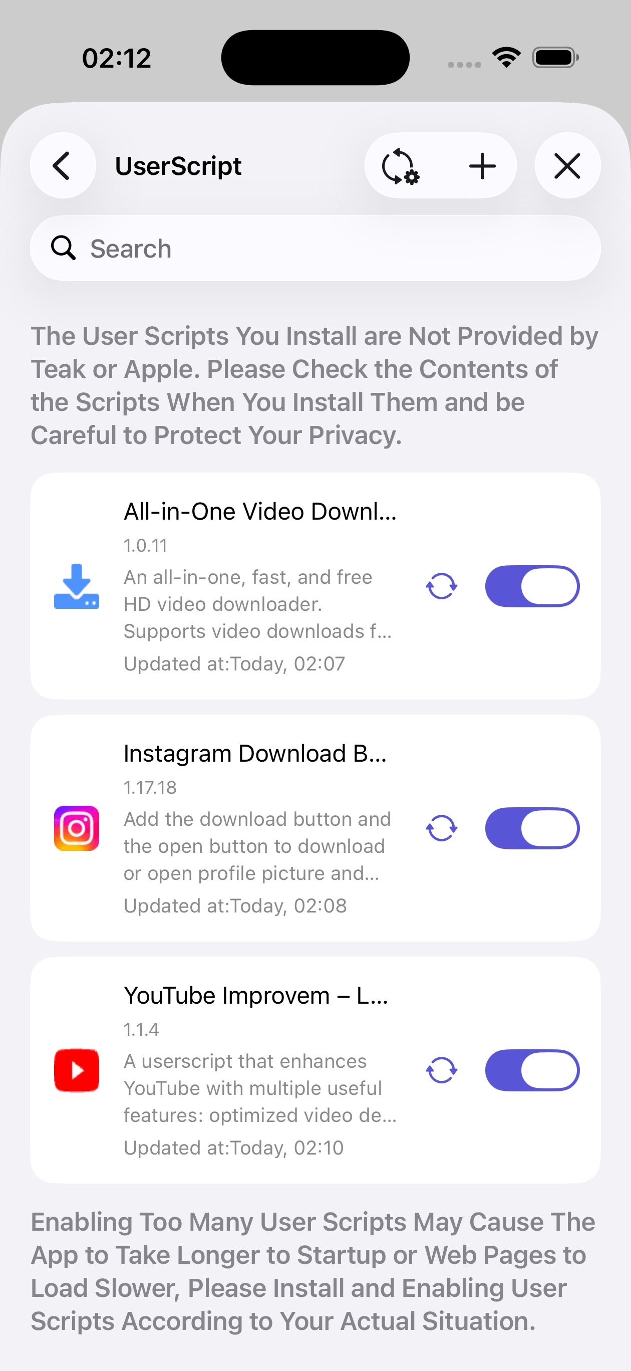 User scripts feature screenshot in Teak Browser