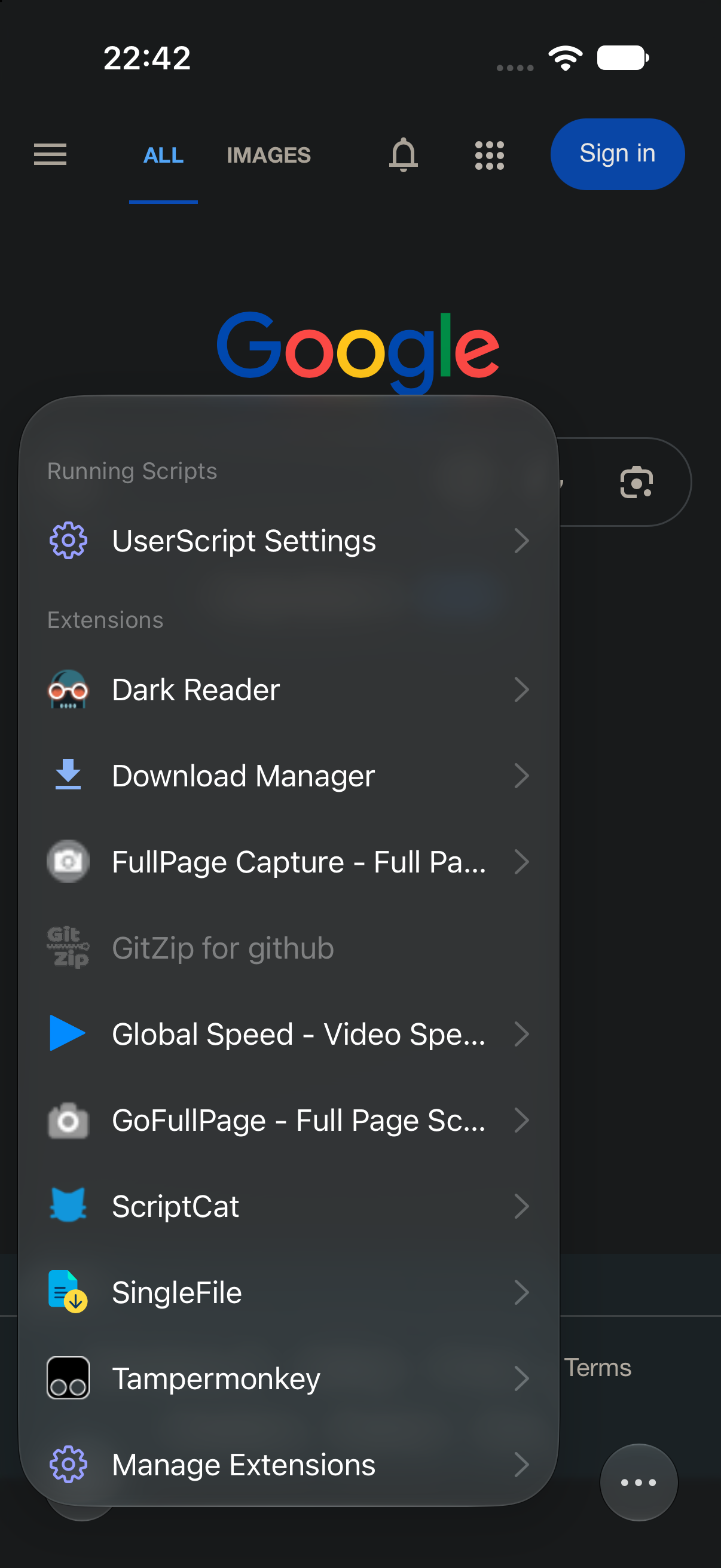 Teak Browser showing installed Chrome MV3 extensions on iPhone